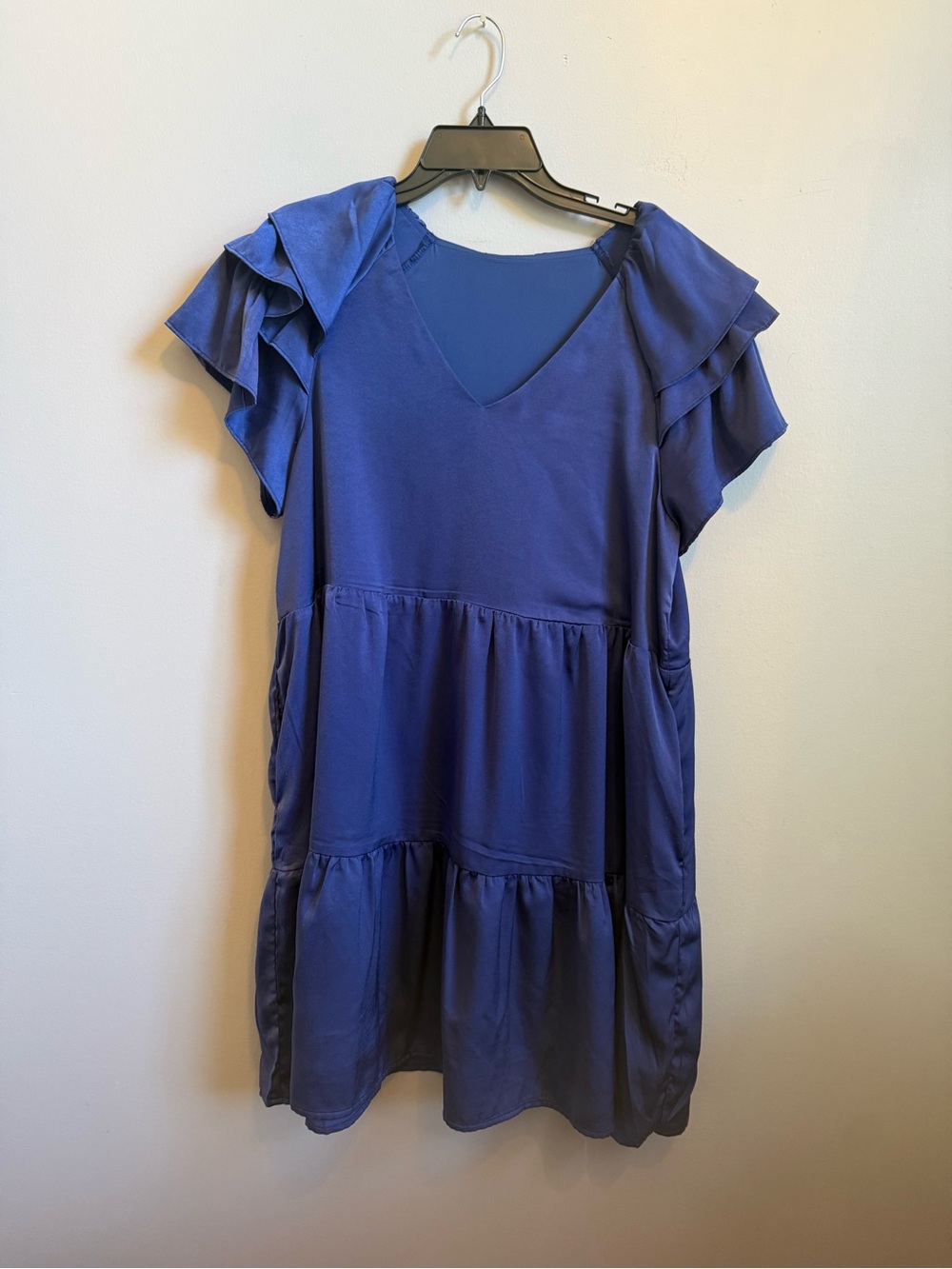 Blue V-Neck Tiered Ruffle Sleeve Dress